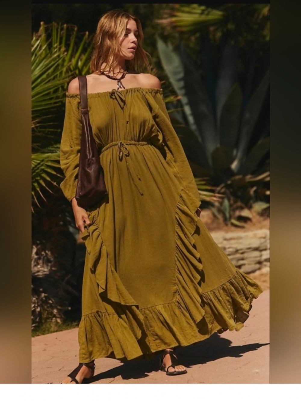 Olive Green Off-Shoulder Ruffle Maxi Dress
